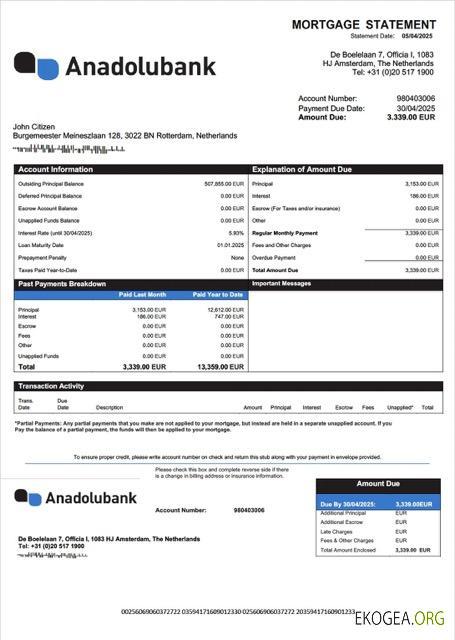 Modèle Word et PDF de relevé hypothécaire de l'Anadolubank Nederland des Pays , Bas